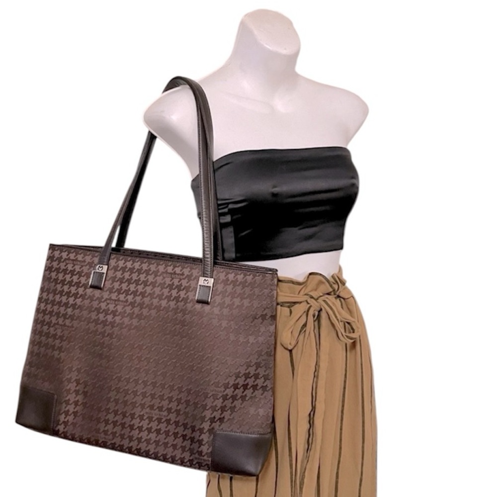 Mila Schon Brown Leather Nylon Houndstooth Laptop Carryon Tote Bag Purse